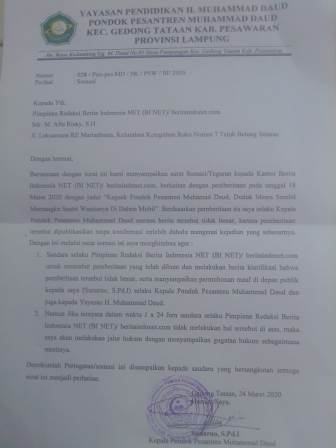 Yayasan Pendidikan Pondok Pesantren H.Muhammad Daud Layangkan Surat Somasi